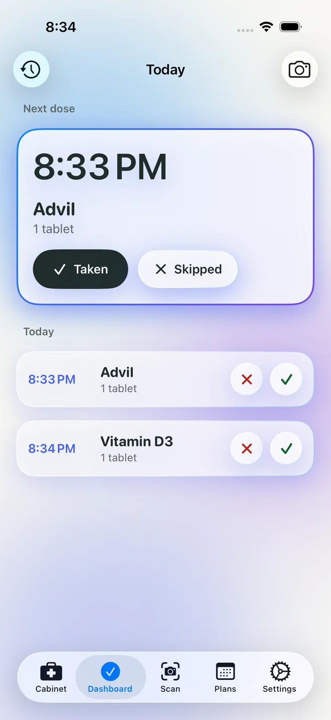 MediKeep home screen with the next dose