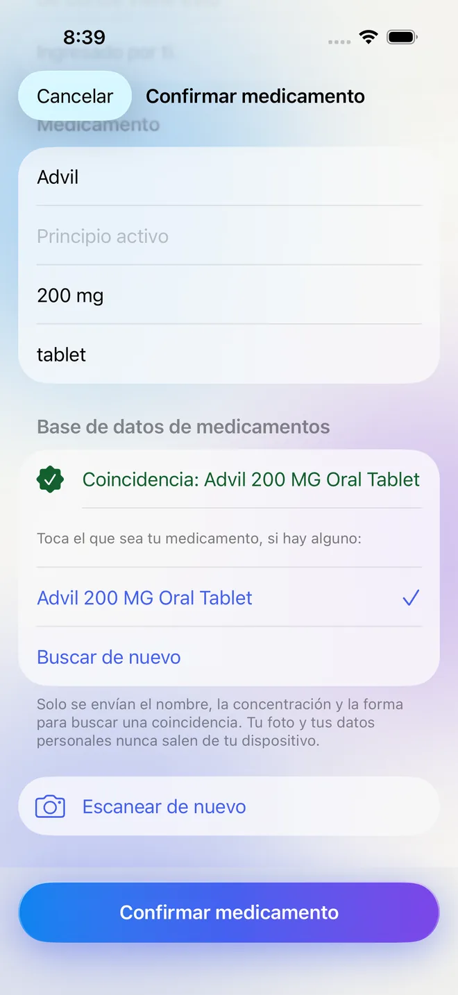 Pantalla de confirmación con un medicamento verificado