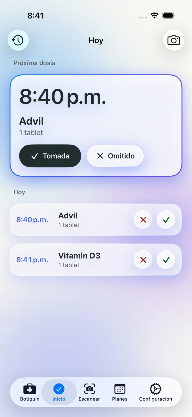 Pantalla de inicio de MediKeep con la próxima dosis